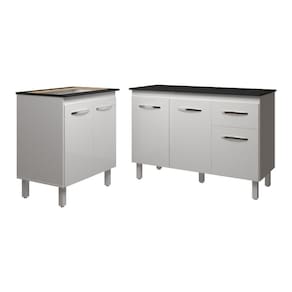Balcão Para Cooktop 5 Bocas Fran Branco E Armário Aline 118 Cm Cozinha Gabinete Branco Com Tampo Tampão Preto