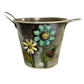 Vaso Cachepô Decorativo em Lata com Alça (Flores) TOP GARDEN