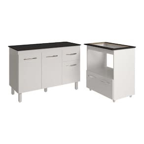 Balcão Armário Gabinete Aline 118 Cm Branco Com Tampo Preto E Balcão Evelyn Para Cooktop 5 Bocas Branco