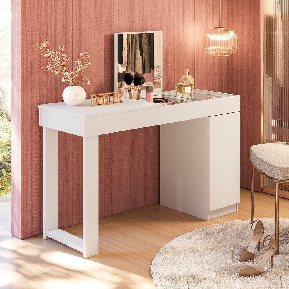 Escrivaninha Penteadeira Camarim Mesa De Maquiagem Com Espelho Love Branco Fosco - Mabe Magazine