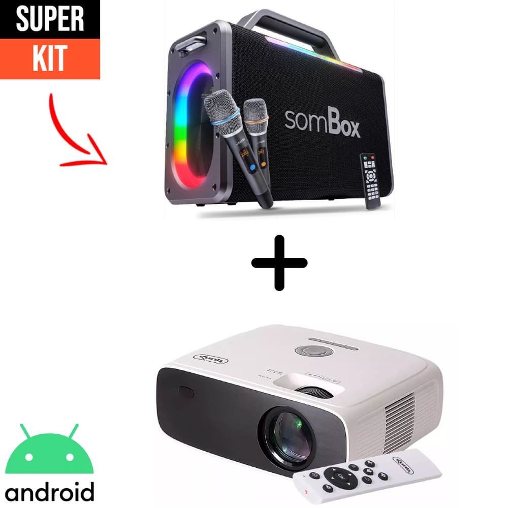 Projetor Datashow Android Full HD 10200 Lumens Wi-Fi Bluetooth HDMI Knup PJ006 + Caixa De Som Potente 200W RMS Bluetooth