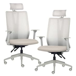 Kit 2 Cadeiras Escritório Giratória Presidente Flow F02 Base Cinza Linho Bege Claro - Lyam Decor