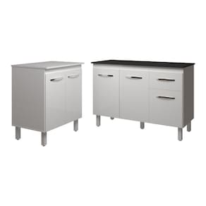 Balcão Para Microondas Ou Forno Branco E Armário Aline 118 Cm Cozinha Gabinete Branco Com Tampo Tampão Preto