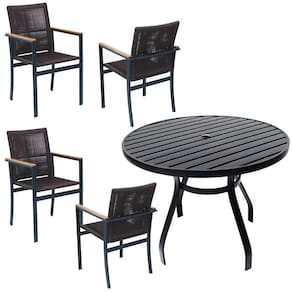 Jogo De Mesa Ripada 1,00m 4 Poltronas Amélia Corda Náutica Para Jantar Jardim Piscina Marrom