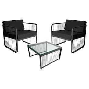 Conjunto 2 Poltronas E Mesa Centro Fibra Sintética Santiago Preto-preto
