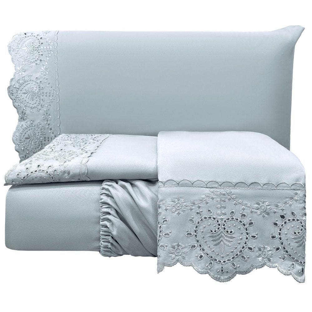 Jogo Lençol King Passione Bordado Inglês 4pç 100% Poliéster - Cinza