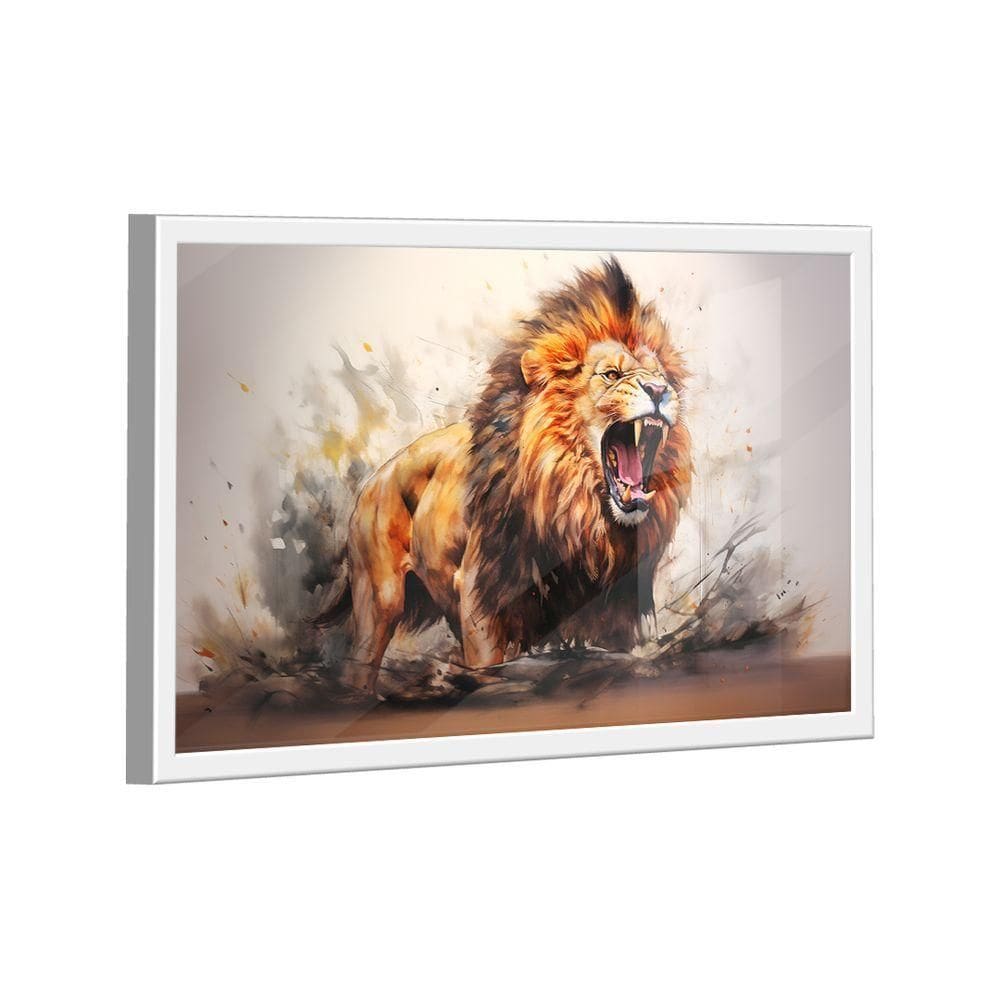 Quadro Decorativo Leão Majestoso Aquarela 60x40 Moldura Branca e Vidro