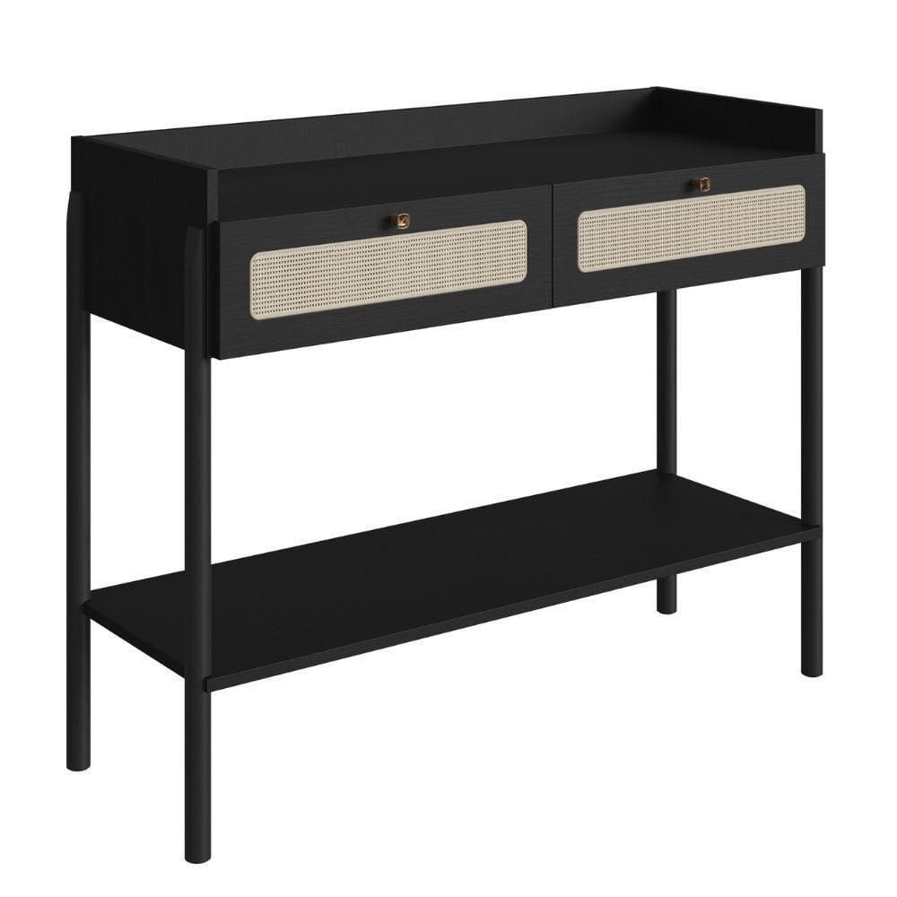 Aparador 2 Gavetas Oslo Artesano 103 Cm (largura) Mdp Nero Palha Sintética Bege Pé Madeira Maciça