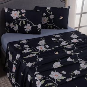 Jogo De Lençol Mabele Queen 4 Peças Micro Percal 400 Fios Estampado Floral - Azul Marinho