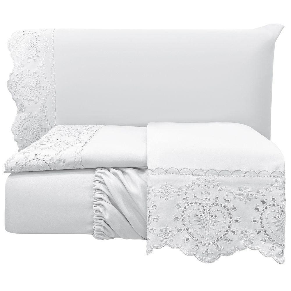 Jogo De Cama Lençol Queen Nupcial Percal 300 Fios 4 Peças Branco 100% Poliéster