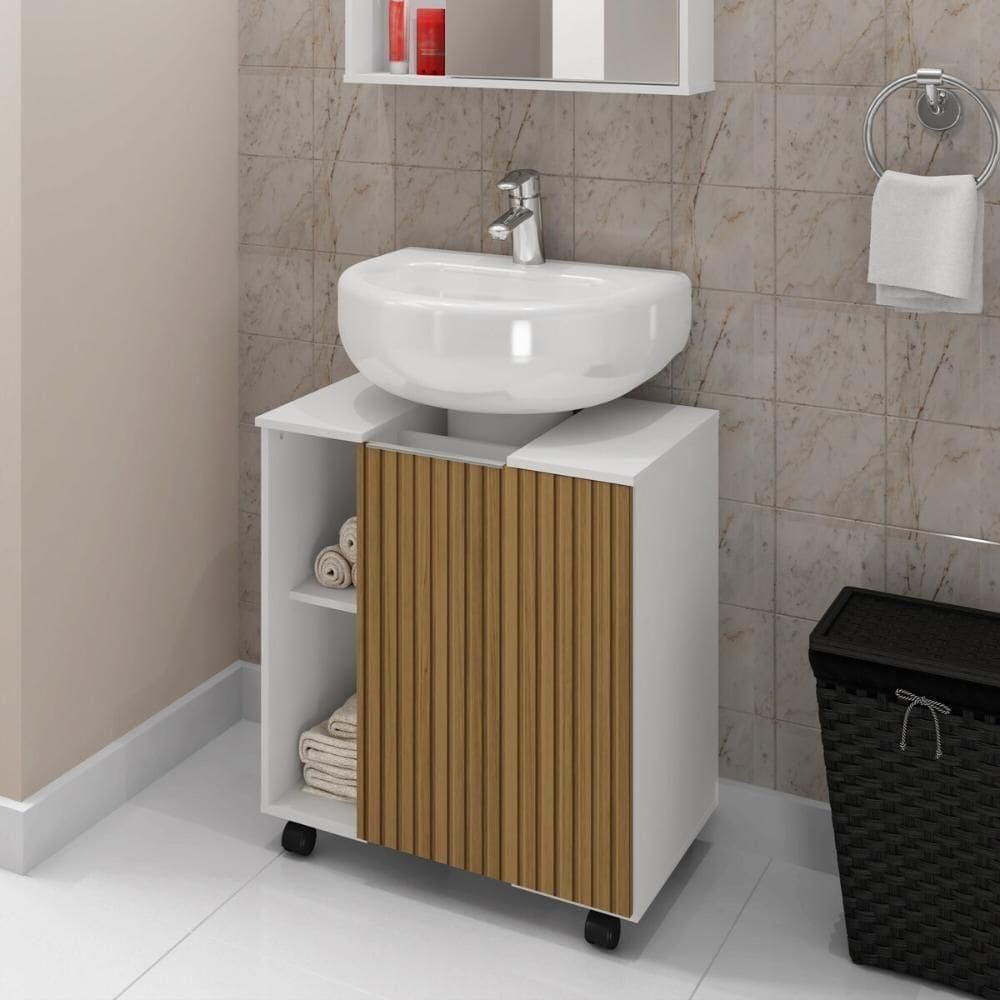 Balcão Gabinete De Banheiro Com 1 Porta E Rodízios 55,3cm Multimóveis Cr10129 Branco Ripado