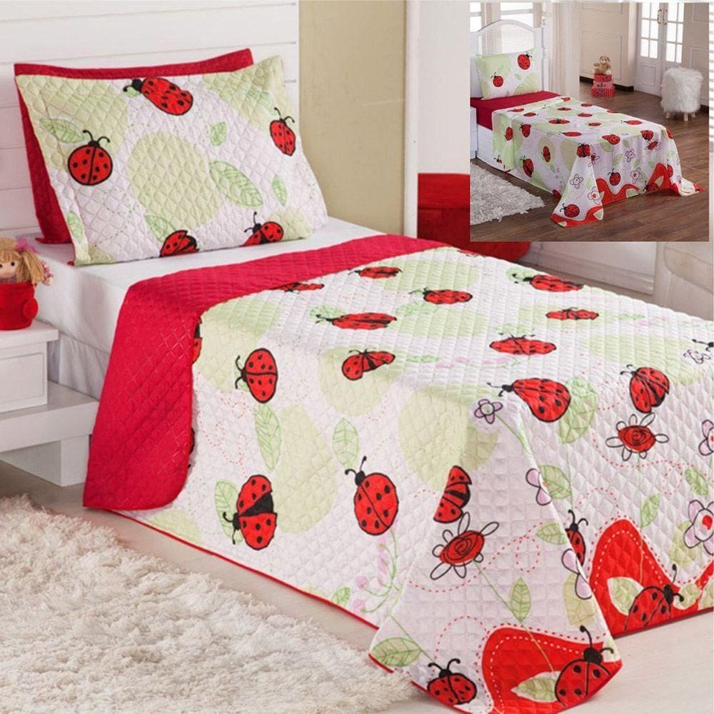 Kit Coordenado Cobre Leito Lençol Solteiro Alegria Vermelho 100% Poliéster