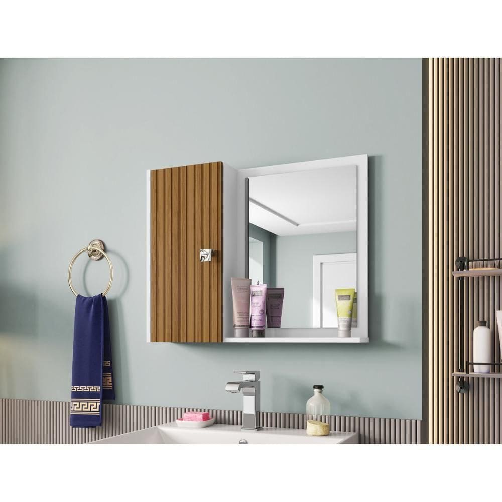 Espelheira Para Banheiro Com 1 Porta 57,2cm Multimóveis Cr10127 Branco Ripado