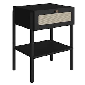 Mesa Cabeceira 1 Gaveta Oslo Artesano 48cm (largura) Mdp Nero Palha Sintética Bege Pé Madeira Maciça