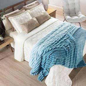 Coordenado Cobre Leito E Cobertor Fluflu Queen Ultrasoft Alto Relevo Dupla Face Azul 100% Poliéster