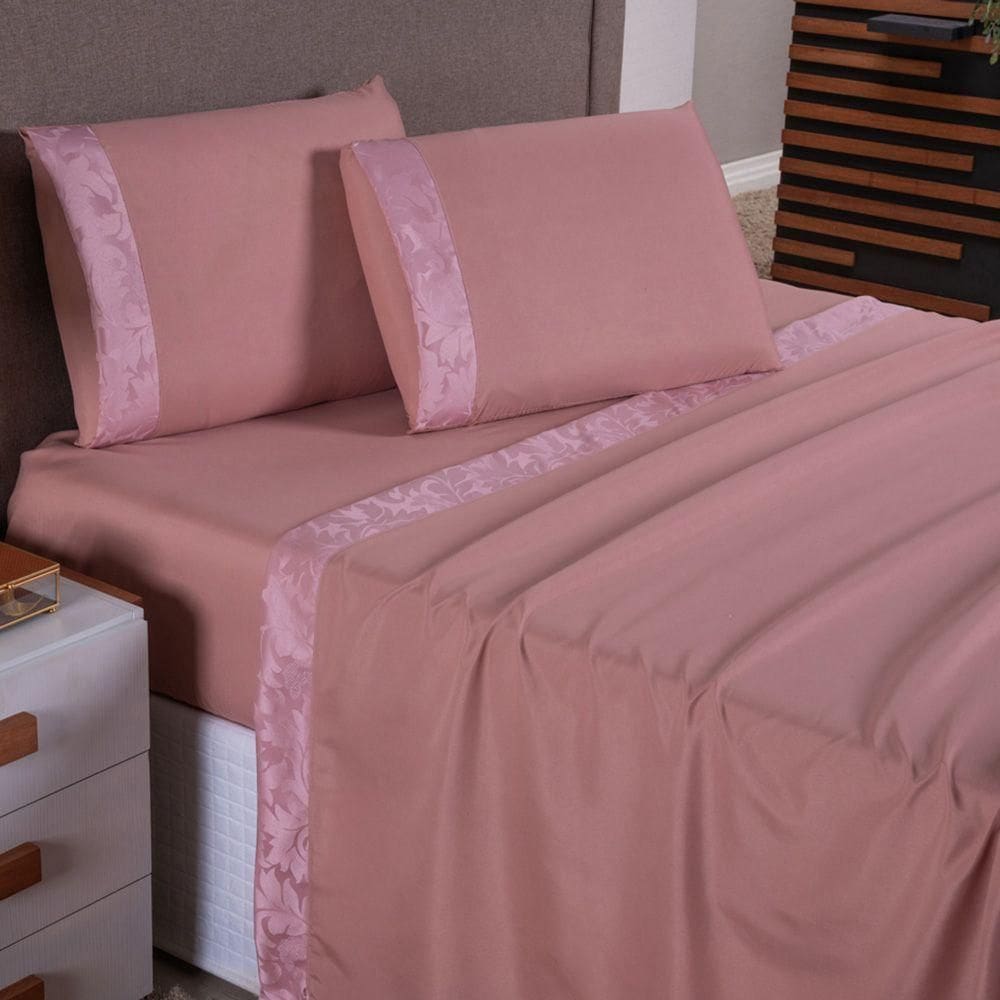 Jogo De Lençol Zurique King 4 Peças Micro Percal 400 Fios Friso Decorativo - Rose