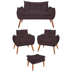 Kit 02 Poltronas + Sofá 2 Lugares Com Puff Opala Balaqui Cinza