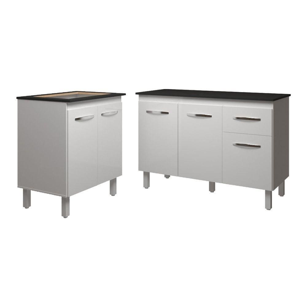 Balcão Para Cooktop 4 Bocas Fran Branco E Armário Aline 118 Cm Cozinha Gabinete Branco Com Tampo Tampão Preto