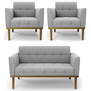 Sofá Namoradeira E 2 Poltronas Base Madeira Castanho Ana Suede Cinza - Ibiza