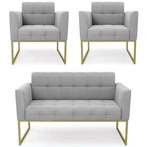 Sofá Namoradeira E 2 Poltronas Base Industrial Dourado Ana Suede Cinza - Ibiza