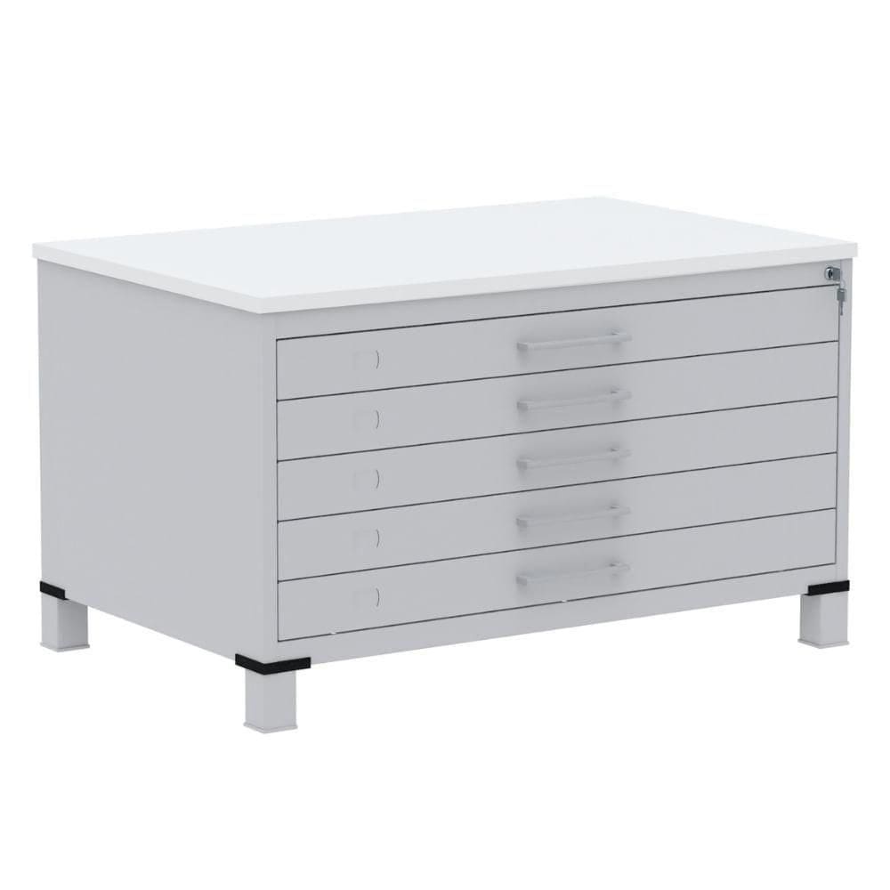 Mapoteca 5 Gavetas Pandin 120 Cm (larg) Inmetro Tampo Mdp Branco Estrutura Aço Cinza Gavetas Cinza