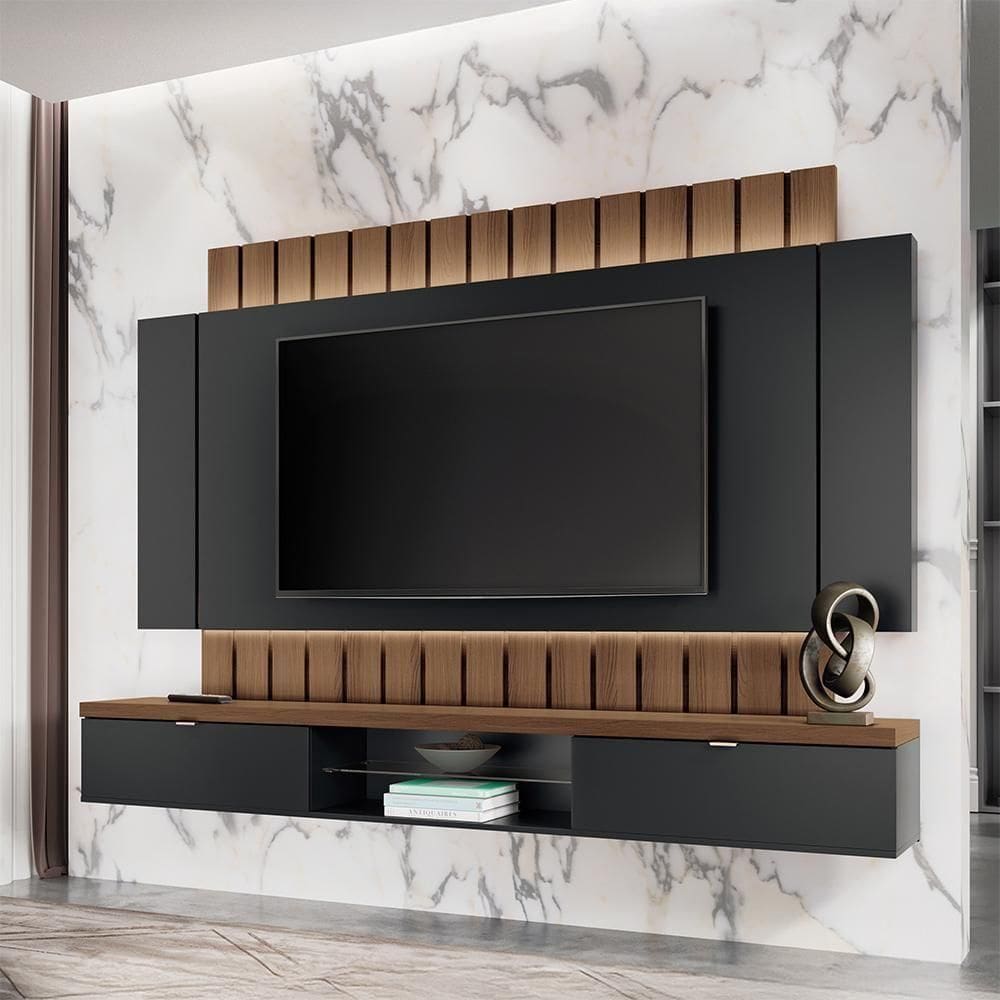 Painel Home Suspenso 2.2 Para Tv Até 70 Com Fita Led Mdp/mdf Shawn Preto/castanho G26 - Gran Belo