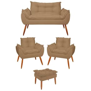 Kit 02 Poltronas + Sofá 2 Lugares Com Puff Opala Balaqui Capuccino