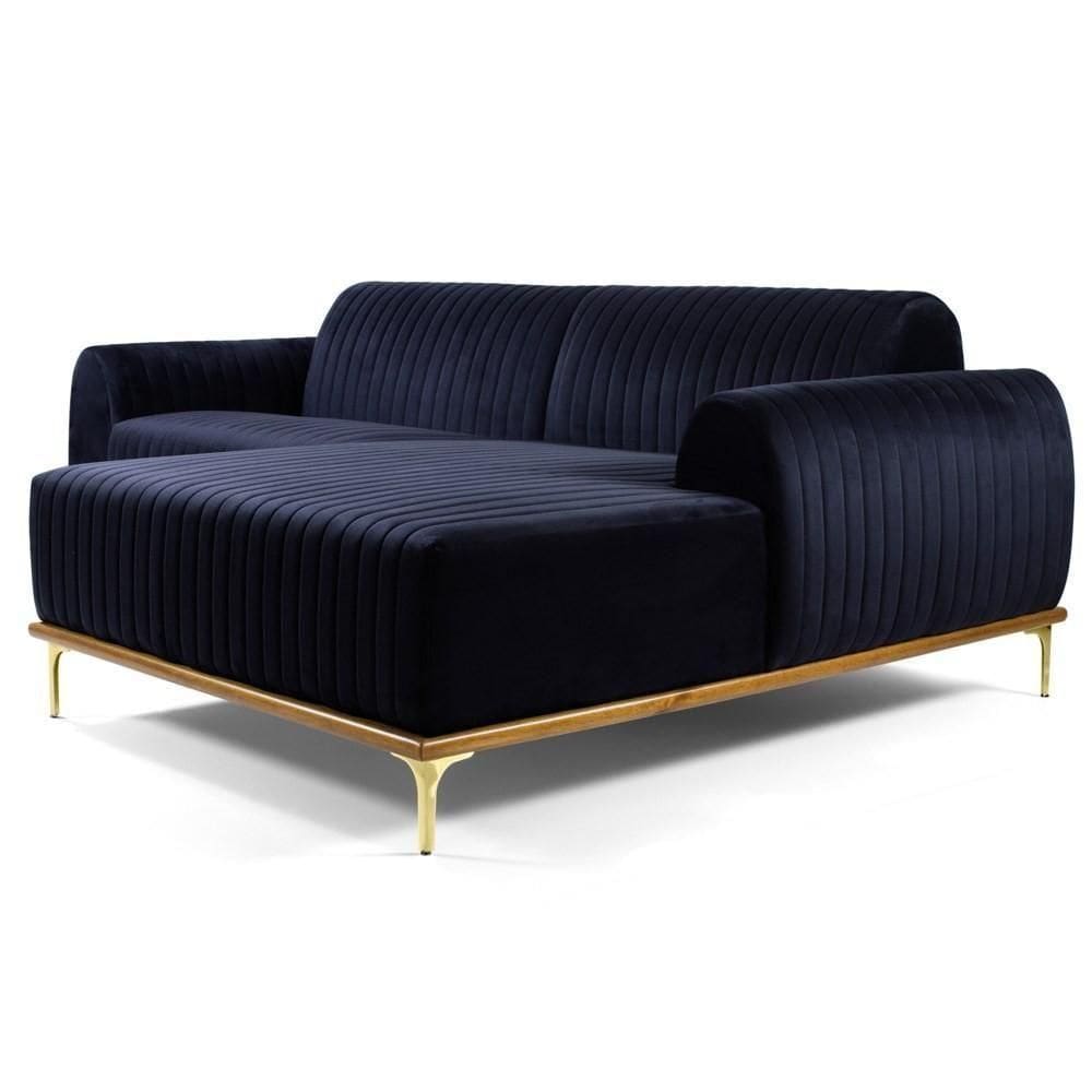 Sofá 255cm 4 Lugares Com Chaise Direito Pés Gold Molino C-287 Veludo Marinho - Domi