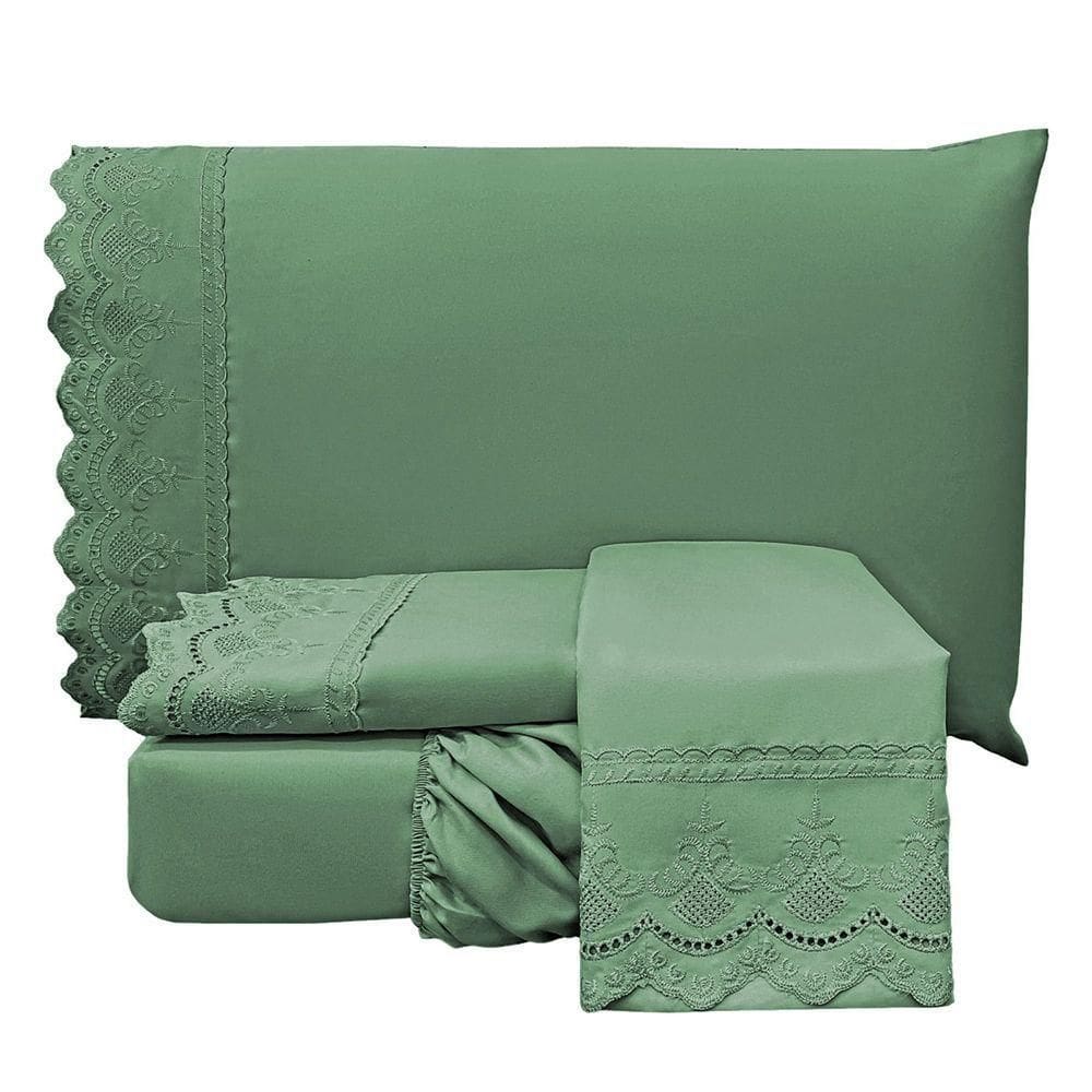 Jogo De Cama Lençol Queen Supremo 3 Peças Micropercal 300 Fios Verde 100% Poliéster