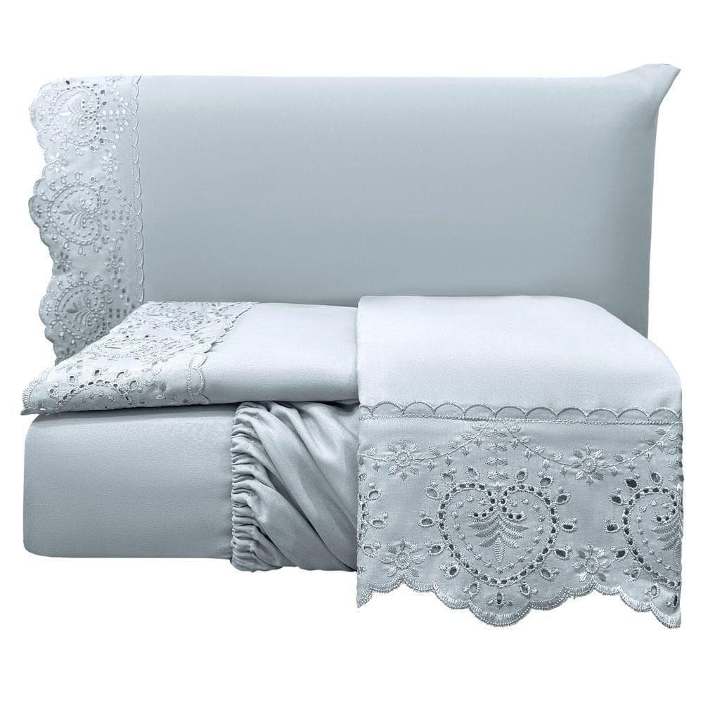 Jogo Cama Lençol Casa Scarpa Detail Queen Bordado Guipir Bordado Inglês Percal 300 Fios 4 Peças - Cinza