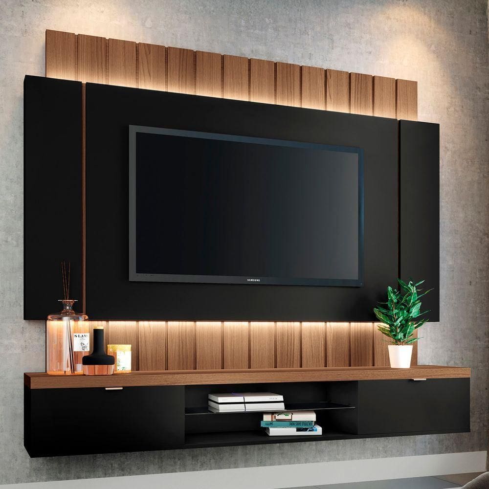 Painel Tv 55 180cm Bancada Suspensa Illusion Preto-castanho - Hb Móveis