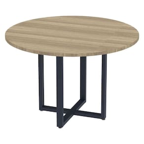 Mesa De Reunião Redonda P25 Pandin 110 Cm (largura) Tampo Mdp Noce Naturalle Pé Aço Tubular Azul De