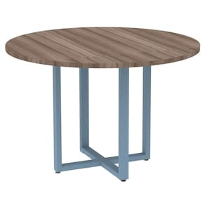 Mesa De Reunião Redonda P25 Pandin 110 Cm (largura) Tampo Mdp Walnut Pé Aço Tubular Azul Dali