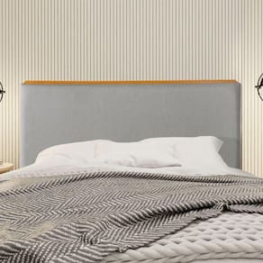 Cabeceira Cama Box King 1,93m Estofada Detalhe Em Madeira Java Linho Cinza