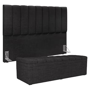 Kit Cabeceira Cama Box Casal King 195cm Com Calçadeira Baú Dália W01 Linho Chumbo - Lyam