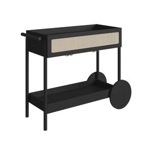 Carrinho Bar 1 Gaveta Oslo Artesano 112 Cm (larg) Mdp Nero Palha Sintética Bege Pé Madeira Maciça