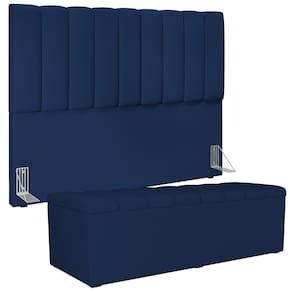 Kit Cabeceira Cama Box Casal King 195cm Com Calçadeira Baú Dália W01 Suede Azul Marinho Lyam