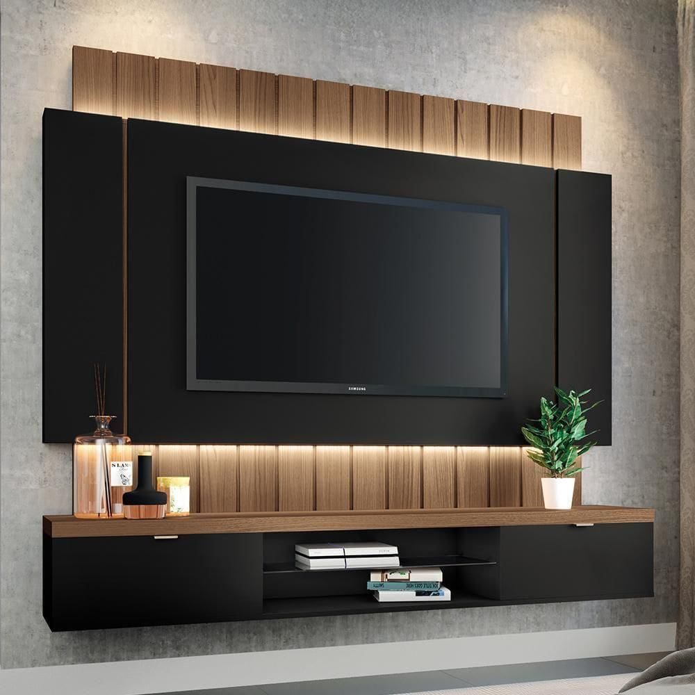 Painel Home Suspenso 1.8 Para Tv Até 55 Com Fita Led Mdp/mdf Shawn Preto/castanho G26 - Gran Belo