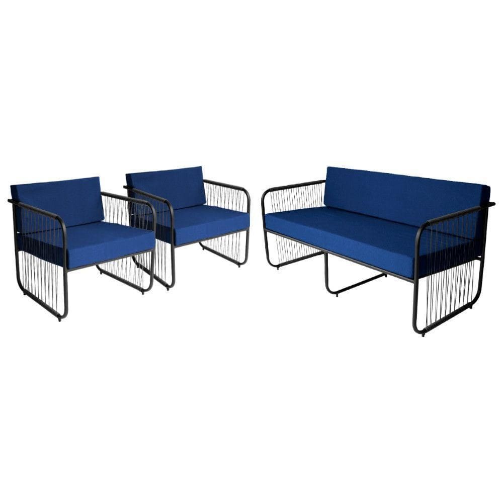 Conjunto 2 Poltronas E Namoradeira Fibra Sintética Córdova Preto-azul