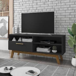 Rack Para Tv Até 55 Polegadas Com Nichos E 1 Porta Retrô Multimóveis Cr45293 Preto Fosco