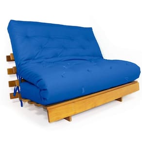 Sofá Cama Casal Futon Tokio Azul Royal Madeira Maciça Grapia Cor Natural