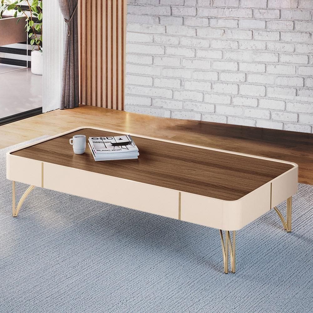 Mesa De Centro Decorativa Rennes Mdp/mdf Pés De Aço Off White/castanho G26 - Gran Belo