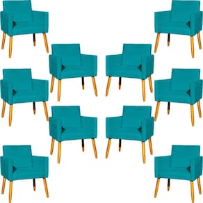 Kit 10 Poltronas Decorativa Para Sala Nina Pé Palito 30cm Castanho Azul-turquesa Suede