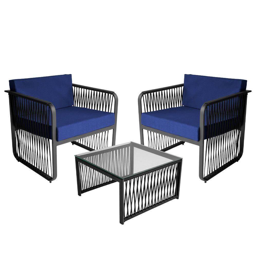 Conjunto 2 Poltronas E Mesa Centro Corda Náutica Santiago Preto-azul