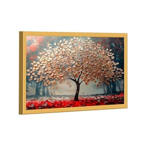 Quadro Decorativo árvore Dourada Com Lindas Folhas 150x100cm Moldura Dourada