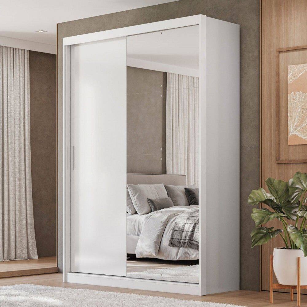 Guarda-Roupa Solteiro Riva 2 Portas 4 Gavetas com Espelho Branco/Amêndola - Demóbile