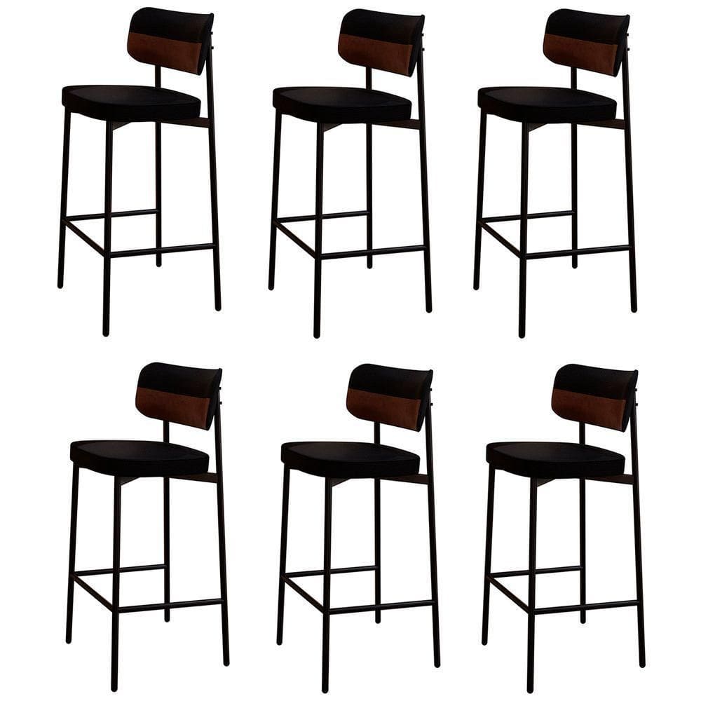 Banqueta Alta Bar Estofada Kit 6 Ella M25 Linho Preto-whisky - Mpozenato