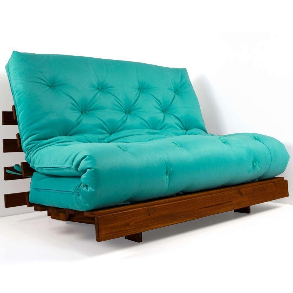 Sofá Cama Casal Futon Tokio Azul Turquesa Acquablock Madeira Maciça Cor Imbuia