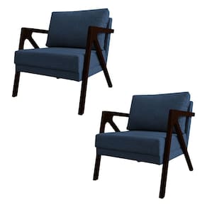 Kit 2 Poltronas Mona Monique Luxo Base Madeira Maciça Castanho Linho Azul