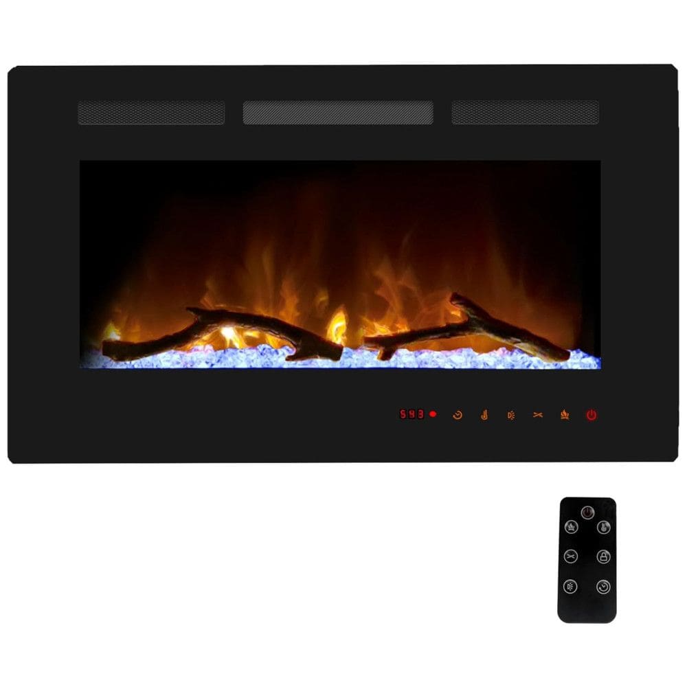 Lareira Elétrica de Embutir A45x76L com Controle Remoto e Digital, Luz LED, Chama Ajustável e Temporizador, 110v, CHEERWAY, Preto